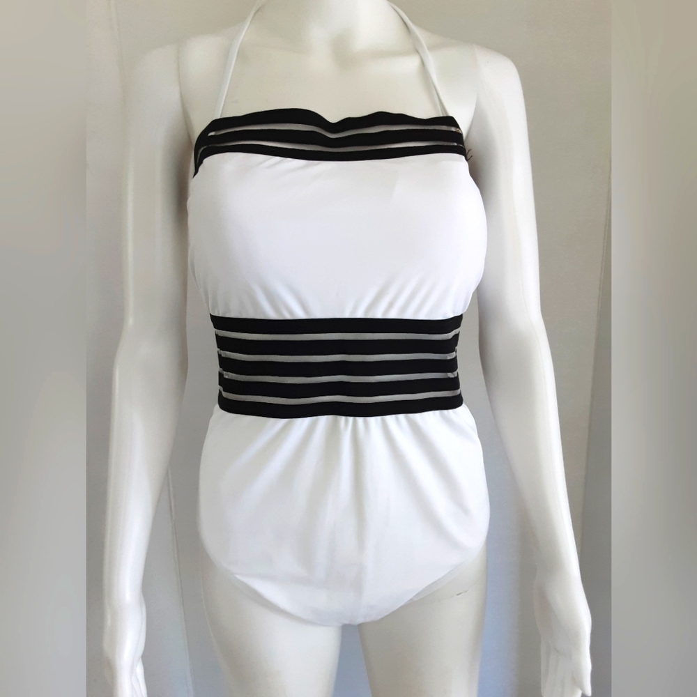 HILOR Bandeau One Piece White| Black Striped Halter Swimsuit Sz 16 -NWT